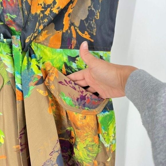 NWT Samuel Dong Womens Sleeveless Cross Tie Front Bubble Dress Green Tan Large - Picture 6 of 11